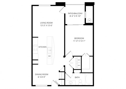 Floor plan for 1 bed, 1 bath, 810 sqft